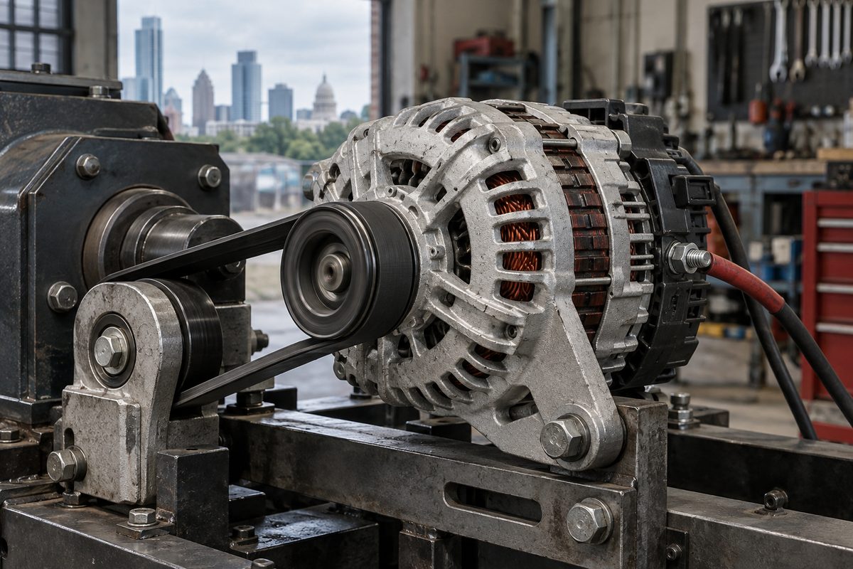 Cast-aluminum equipment alternator mounted on bench testing stand