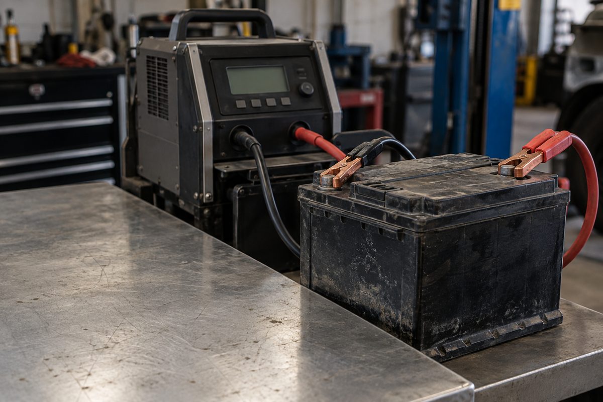 Heavy-duty commercial battery connected to digital load tester on diagnostic bench